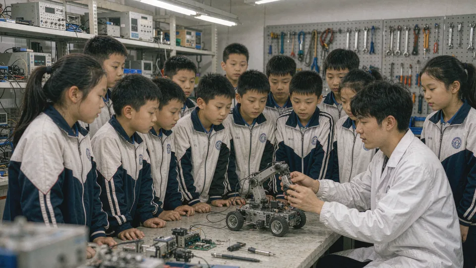 实验室里，一队穿校服的小学生围着实验台，工程师蹲下演示小型机器人的关节动作