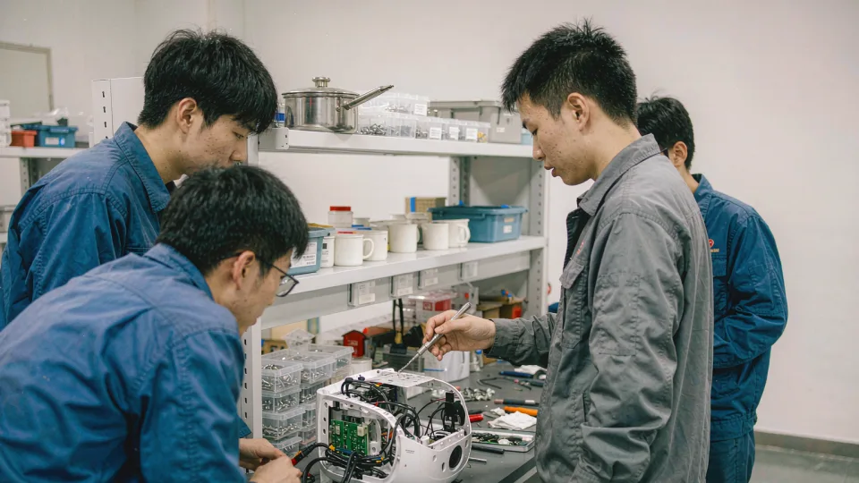 实训中心工作台前，几名穿实训服的学生围着一台拆开外壳的配送机器人，工程师拿工具讲解