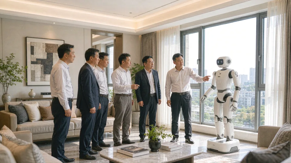 楼盘样板间客厅里，五六位穿衬衫的开发商客户走向窗边的人形机器人，顾问在旁讲解