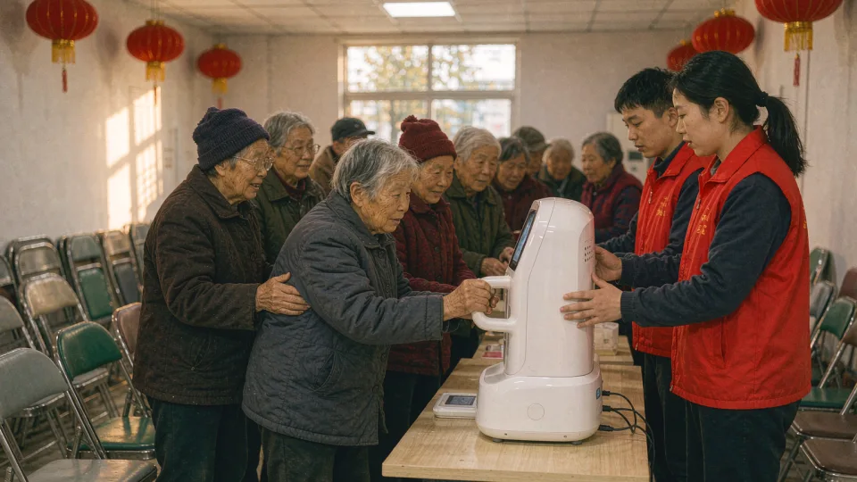 社区活动室里，一排老人排队体验服务机器人，最前面一位老奶奶扶着机器人把手，红马甲志愿者在旁