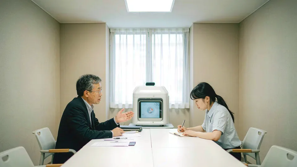 行业协会小会议室：负责人与记录员相对而坐交谈，长桌上摆着文件夹和一台小型白色配送机器人