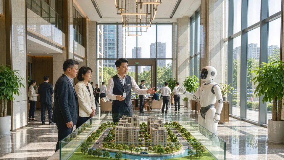 售楼处大堂：顾问向客户讲解楼盘沙盘，沙盘旁站着一台白色人形机器人，落地窗外阳光很足