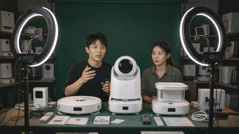 直播间现场：男女主播并排坐在长桌前介绍桌上的三台白色机器人，背后是深绿背板与环形补光灯