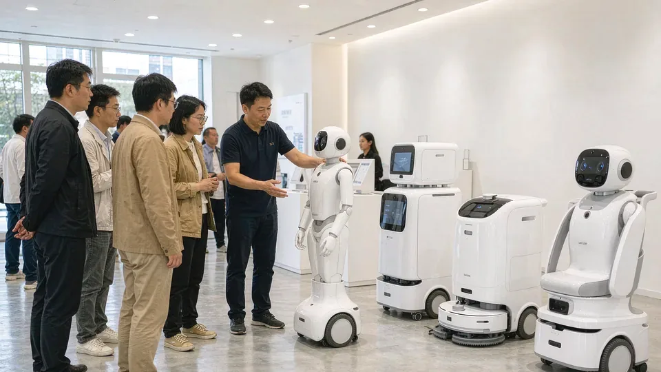 机器人展示厅：工作人员扶着人形机器人向顾客介绍，旁边排着一列不同型号的白色机器人