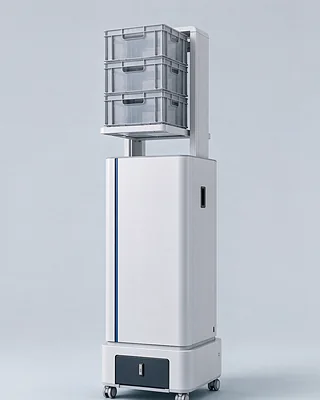 料箱搬运机器人 CT3，立式升降柱上叠放三个料箱