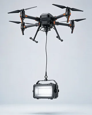 系留照明无人机 U3，机身下方垂着供电线缆与 LED 灯组