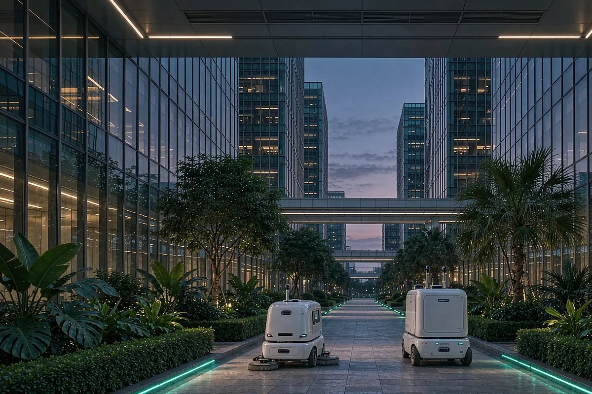 商办园区：清洁与配送机器人在楼宇连廊间自主作业